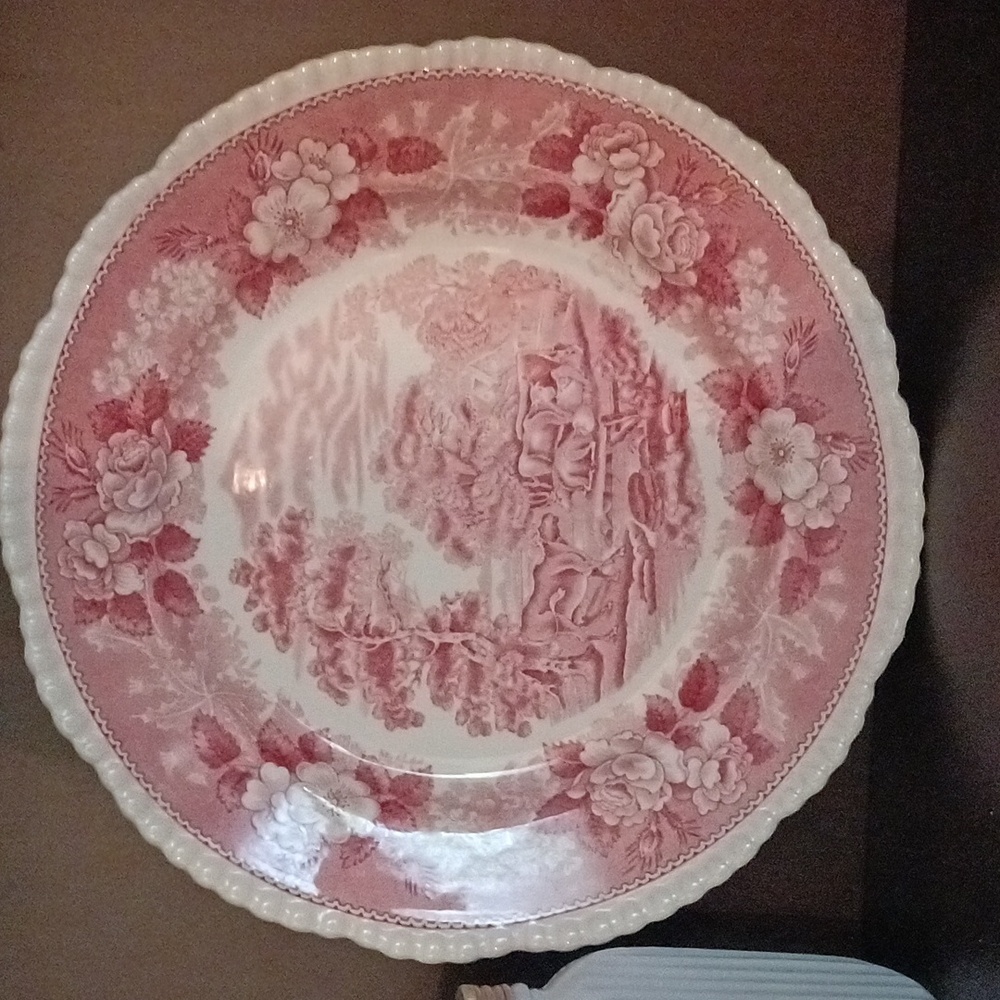 "English Scenic" Stafffordshire Adams 10" Plate Stoneware Pink Red Toile.